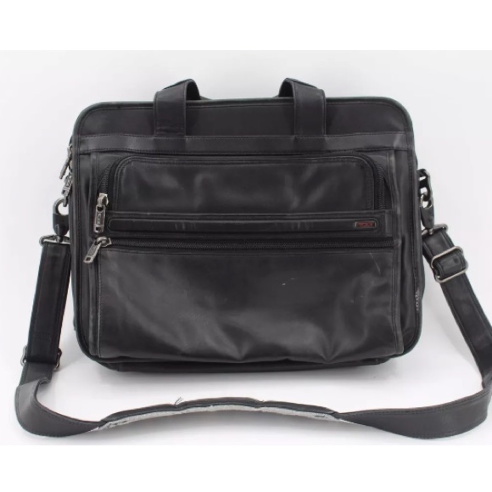 TUMI Black Leather Briefcase Laptop Bag Carry On